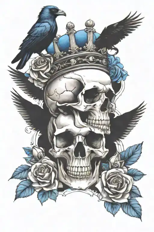 Skull Wearing Crown With Raven On Headand Blue Roses Intertwined