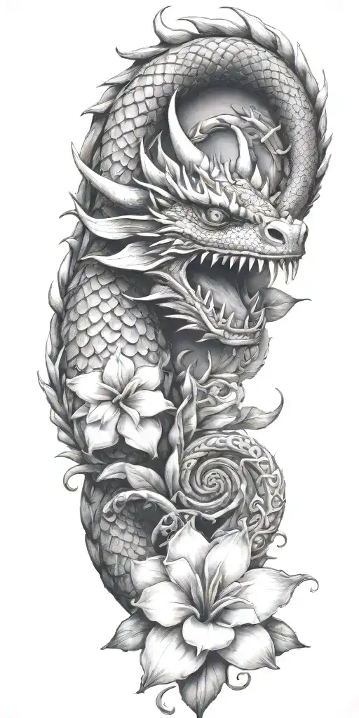 Dragon Winding With Dragonfruit Plant And Plumeria Flower