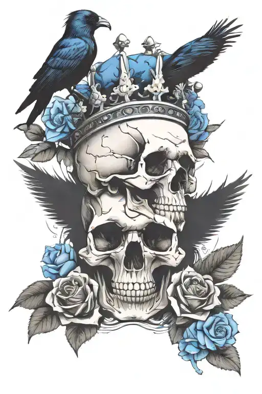 Skull Wearing Crown With Raven On Headand Blue Roses Intertwined