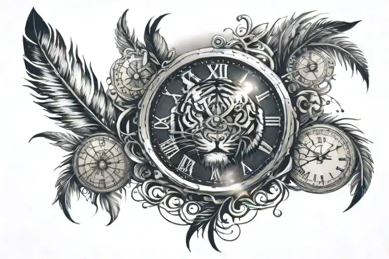 Sun And Tiger And Feather And Clock
