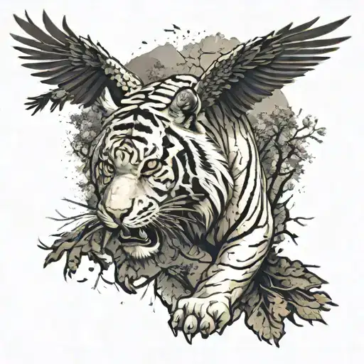 A Tiger With An Eagle Soaring Over The Trees