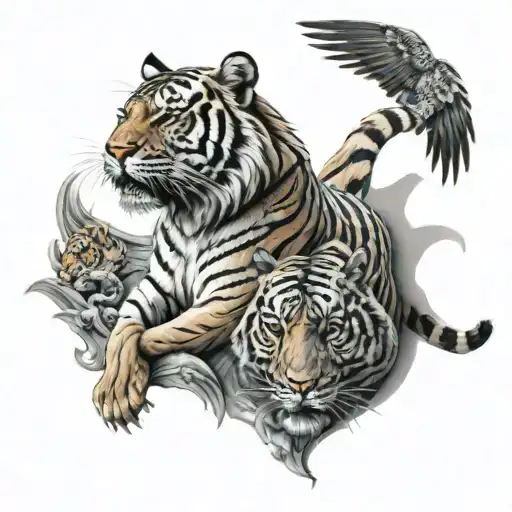 A Tiger With An Buzzard Perched On Tigers Back