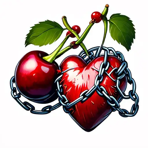 Two Cherries And Heart Organ Wrapped By Chains