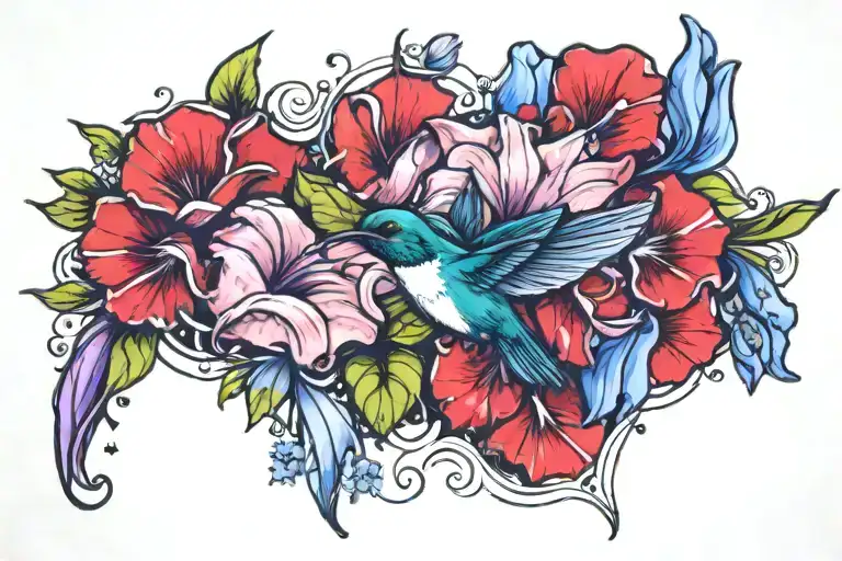 Morning Glory And Snow Drop Flowers With Hummingbird