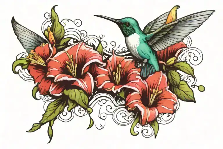 Morning Glory And Snowdrop Flowers With Hummingbird