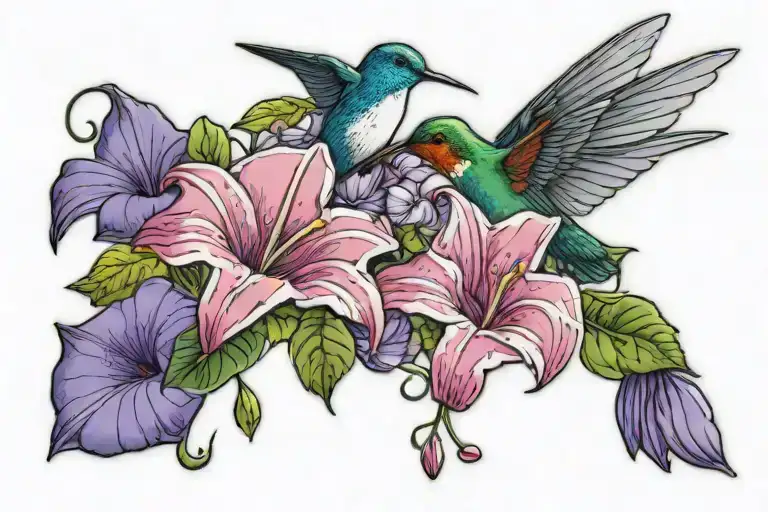 Morning Glory And Snow Drop Flowers With Hummingbird