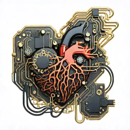 Black And Gold Realistic Heart Shaped Circuit Board With Gold Wires As Blood Veins