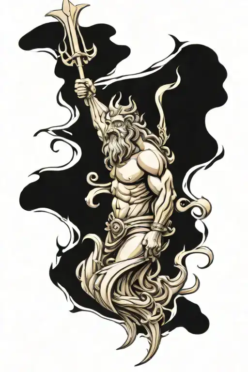 Poseidon With Tentacles Thrusts Trident Into Shark