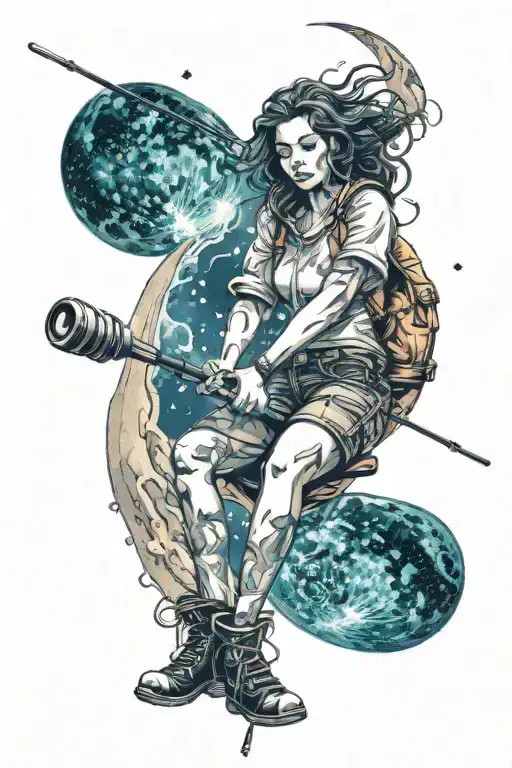 Woman Sitting On The Moon Fishing With A Fishing Rod That Is A Man Magnet Floating In Space
