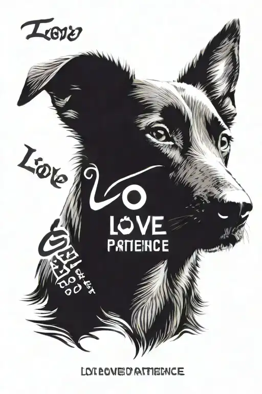 Dog Nose Print On Neck Tattoo With Words Love And Patience On Left And Right Vertically Written