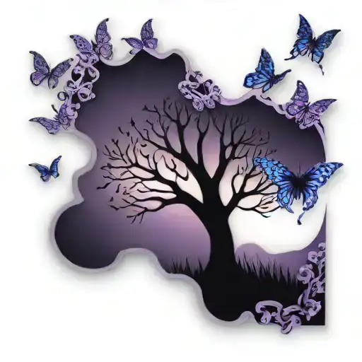 Tree Of Life And Purple Butterflies