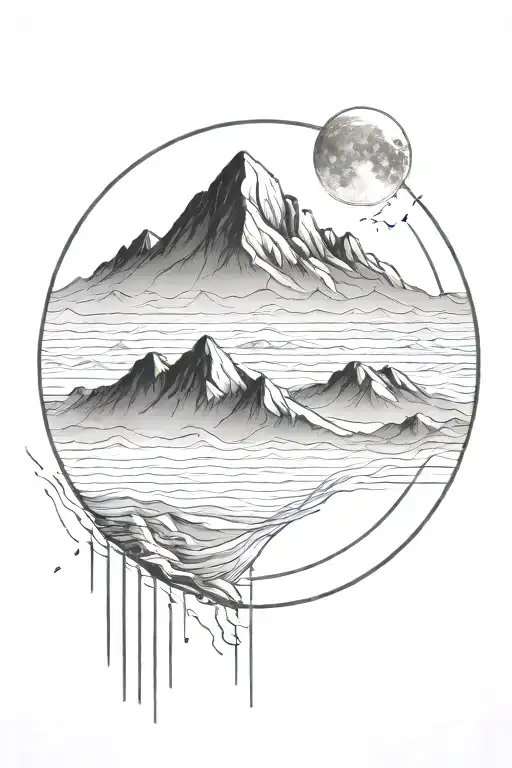 Moon And Mauntain With Long Straight Lines Surrounding