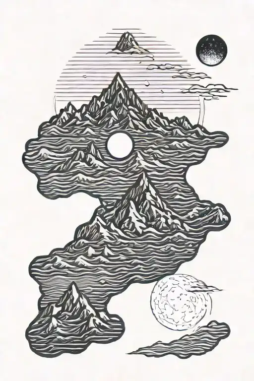 Single Mountain And Moon Surrounded By Straight Vertical Lines And The Gemini Constillation