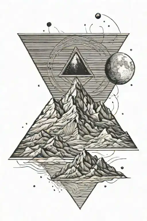 Single Mountain And Moon Surrounded By Straight Vertical Lines And The Gemini Constillation