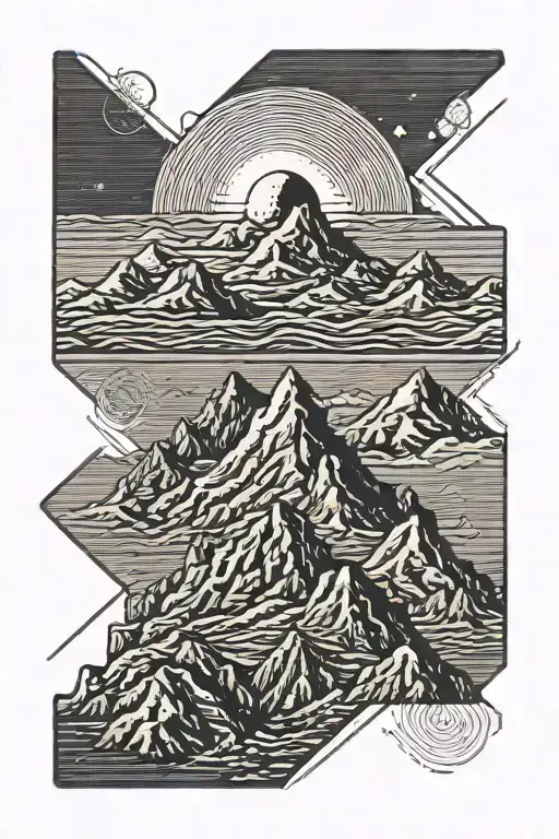 Single Mountain And Moon Surrounded By Straight Vertical Lines And The Gemini Constillation