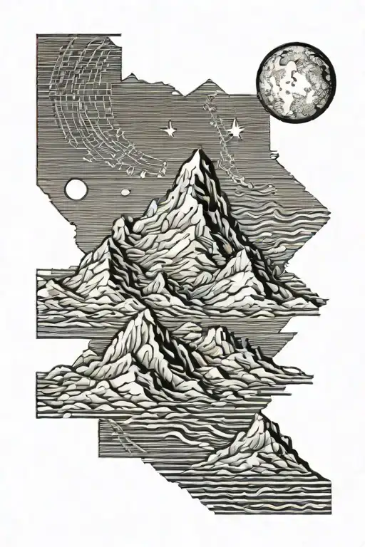 Single Mountain And Moon Surrounded By Straight Vertical Lines And The Gemini Constillation