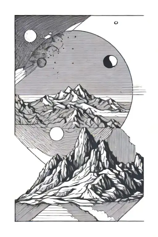 Single Mountain And Moon Surrounded By Straight Vertical Lines And The Gemini Constillation