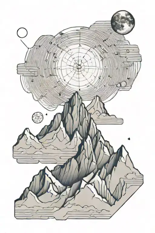 Single Mountain And Moon Surrounded By Straight Vertical Lines And The Gemini Constillation