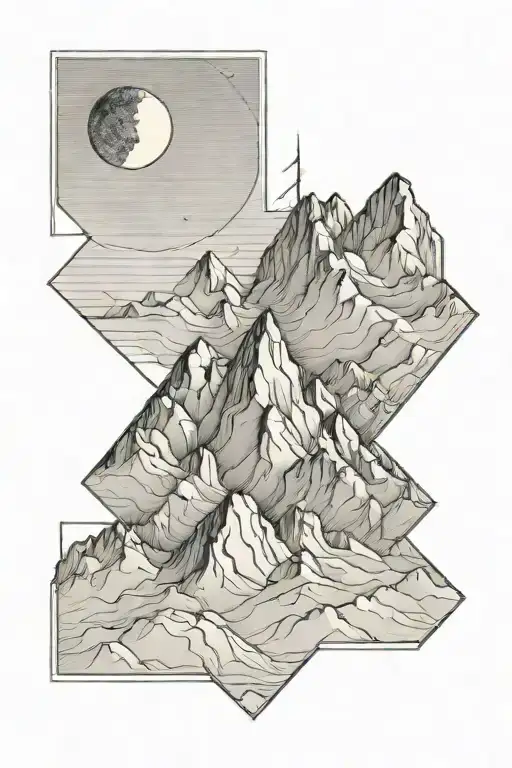 Single Mountain And Moon Surrounded By Straight Vertical Lines And The Gemini Constillation
