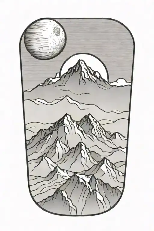 Single Mountain And Moon Surrounded By Straight Vertical Lines And The Gemini Constillation