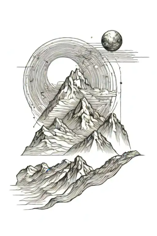 Single Mountain And Moon Surrounded By Straight Vertical Lines And The Gemini Constillation