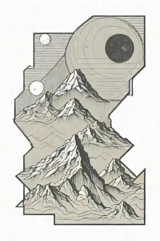 Single Mountain And Large Moon Surrounded By Straight Vertical Lines And The Gemini Constillation
