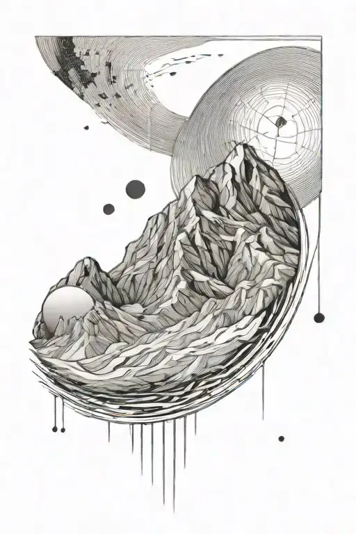 Single Mountain And Large Moon Surrounded By Straight Vertical Lines And The Gemini Constillation