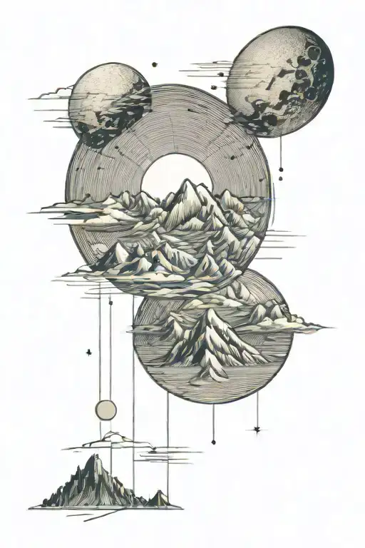 Single Mountain And Large Moon Surrounded By Straight Vertical Lines And The Gemini Constillation
