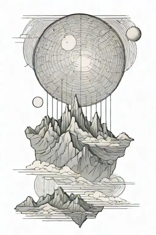 Single Mountain And Large Moon Surrounded By Straight Vertical Lines And The Gemini Constillation
