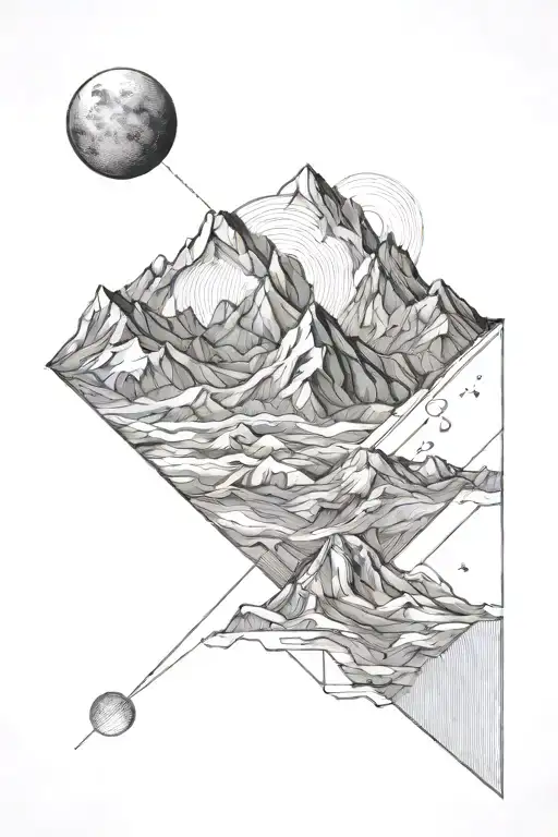Single Mountain And Large Moon Surrounded By Straight Vertical Lines And The Gemini Constillation