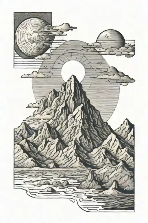 Single Mountain And Large Moon Surrounded By Straight Vertical Lines And The Gemini Constillation