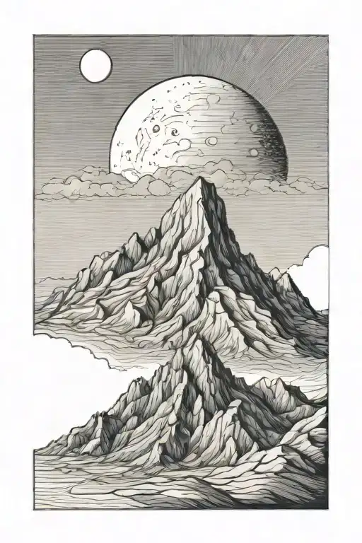 Single Mountain And Large Moon Surrounded By Straight Vertical Lines And The Gemini Constillation