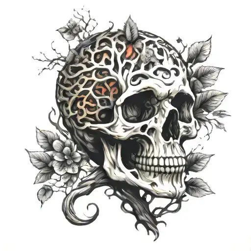 Feminine Skull And Tree Of Life Intertwined Within