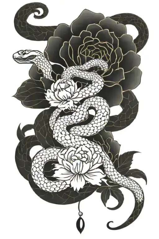 A Minimalist Tattoo Of A Snake With Peony Flowers Blooming From Its Scales