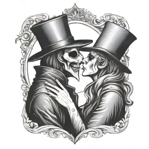 Plague Doctor With Beautiful Girl Kiss Each Other With His Hand On Her Neck