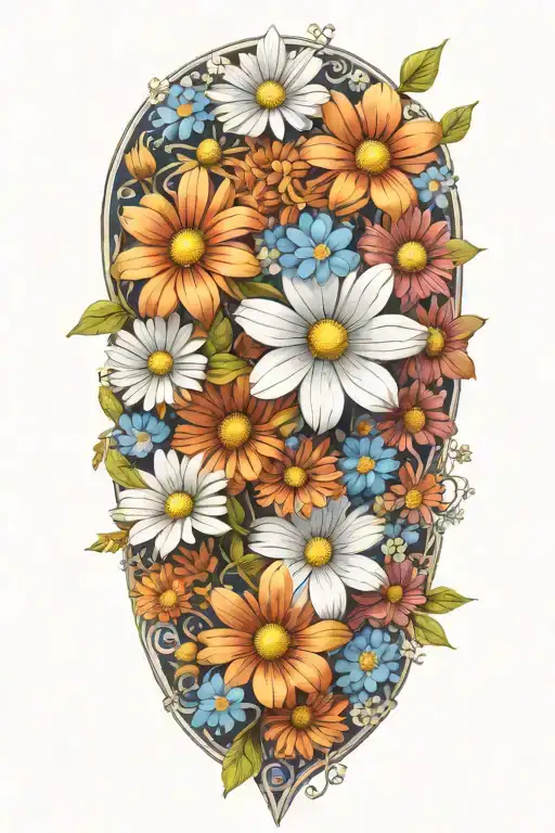 An Intricate Boquet Of Daisys And Blue Cosmos Flowers