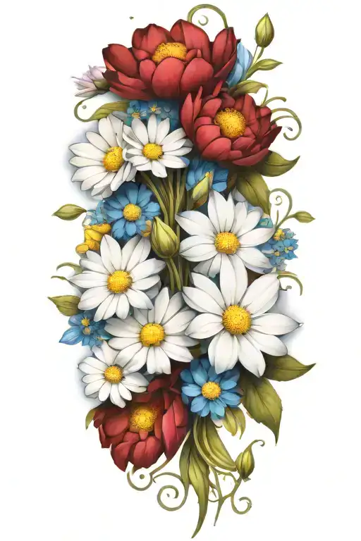 An Intricate Boquet Of Daisys And Blue Cosmos Flowers