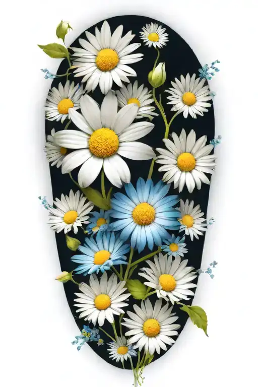 An Intricate Boquet Of White And Blue Daisys And A Lot Of Space Between The Flowers