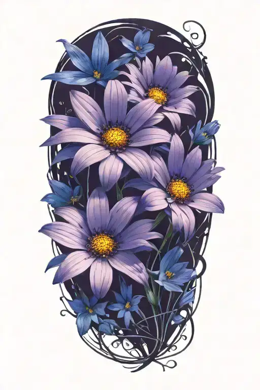 Purple Daisy Flowers Intertwined With Blue Cosmos Flowers