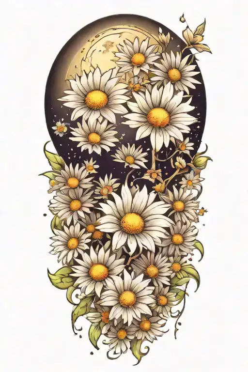 A Detailed Crescent Moon Surrounded By Daisies And Cosmos Flowers