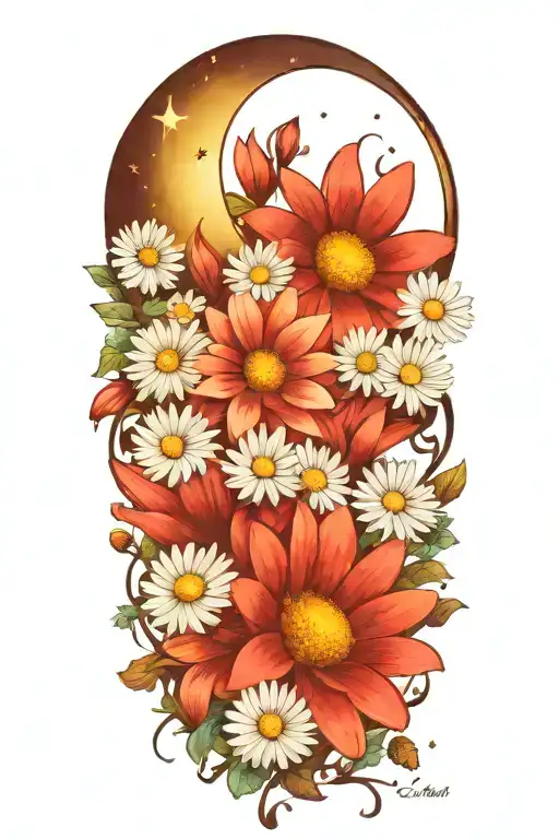 A Detailed Crescent Moon Surrounded By Daisies And Cosmos Flowers