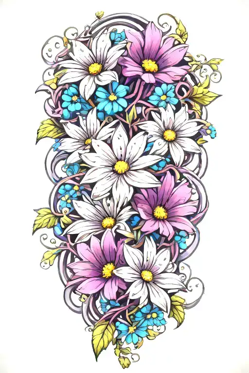 A Vine Of Purple Daisies And Blue Cosmos Intertwined Flowers