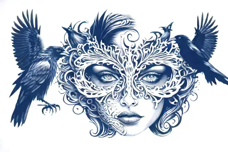 Tattoo Of A Woman's Face With Large Crows In The Background