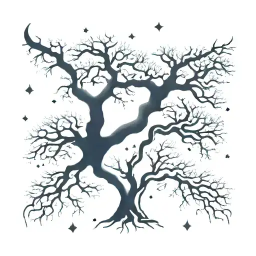 Gemini And Leo Constellations Drawn In A Night Sky Above Two Intertwined Trees