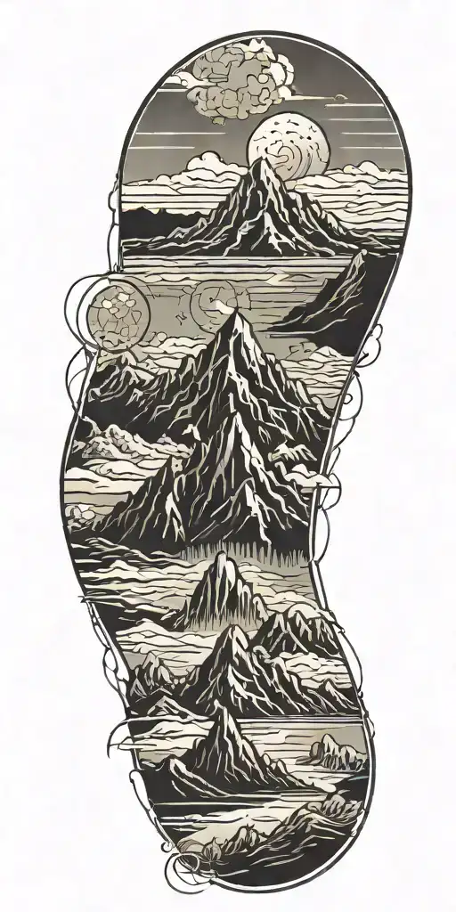 A Colored Tattoo Of A Mountain Range With A Hidden Nuclear Reactor Symbol Hidden Within The Peaks
