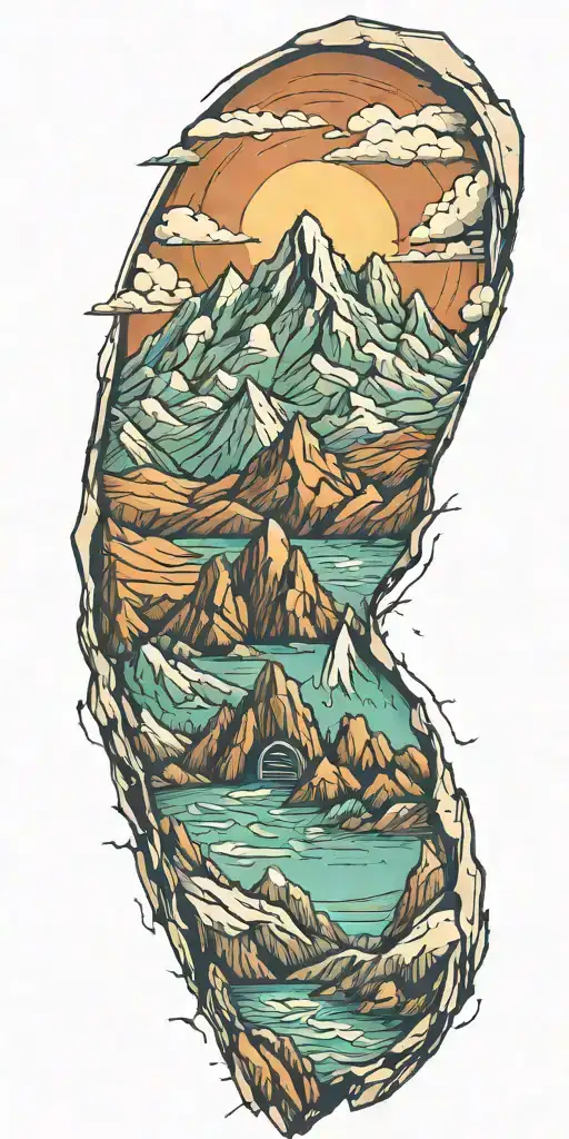 A Colored Tattoo Of A Mountain Range With A Hidden Nuclear Reactor Symbol Hidden Within The Peaks