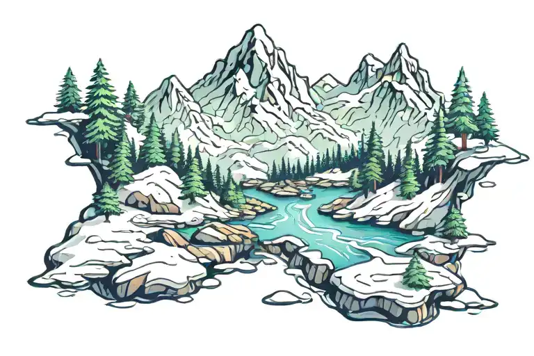 Snowy Mountain With Rainforest Creek Running