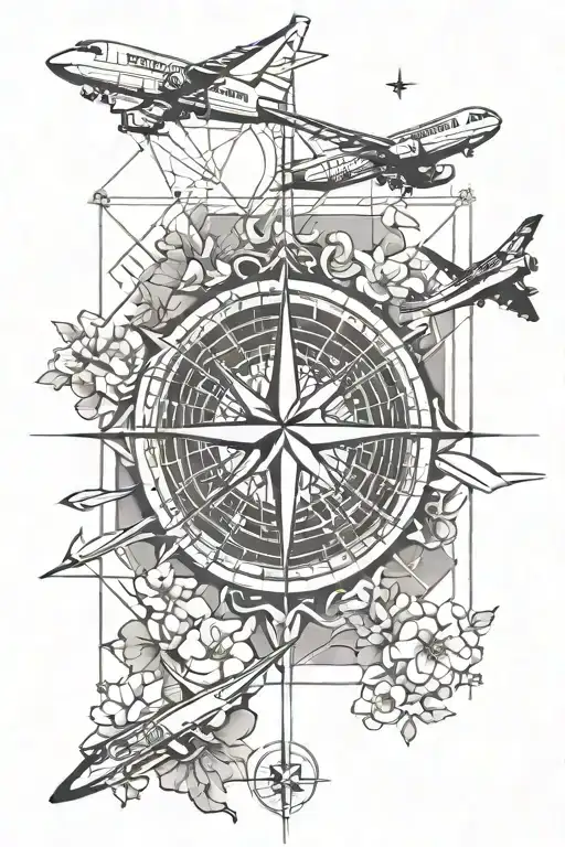 Plane Travel World Grid Lines Flowers Compass
