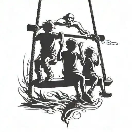 3 Silhouettes Of Children On A Swing Hanging