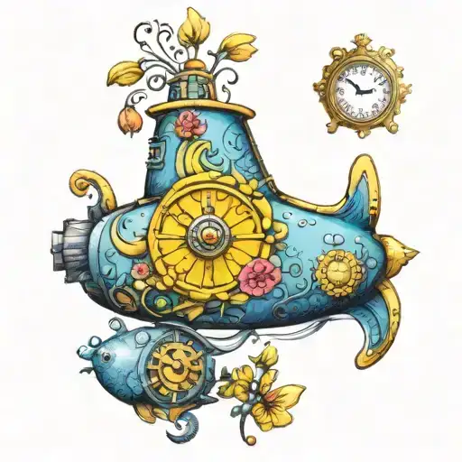 Yellow Submarine With Flowers And Clock